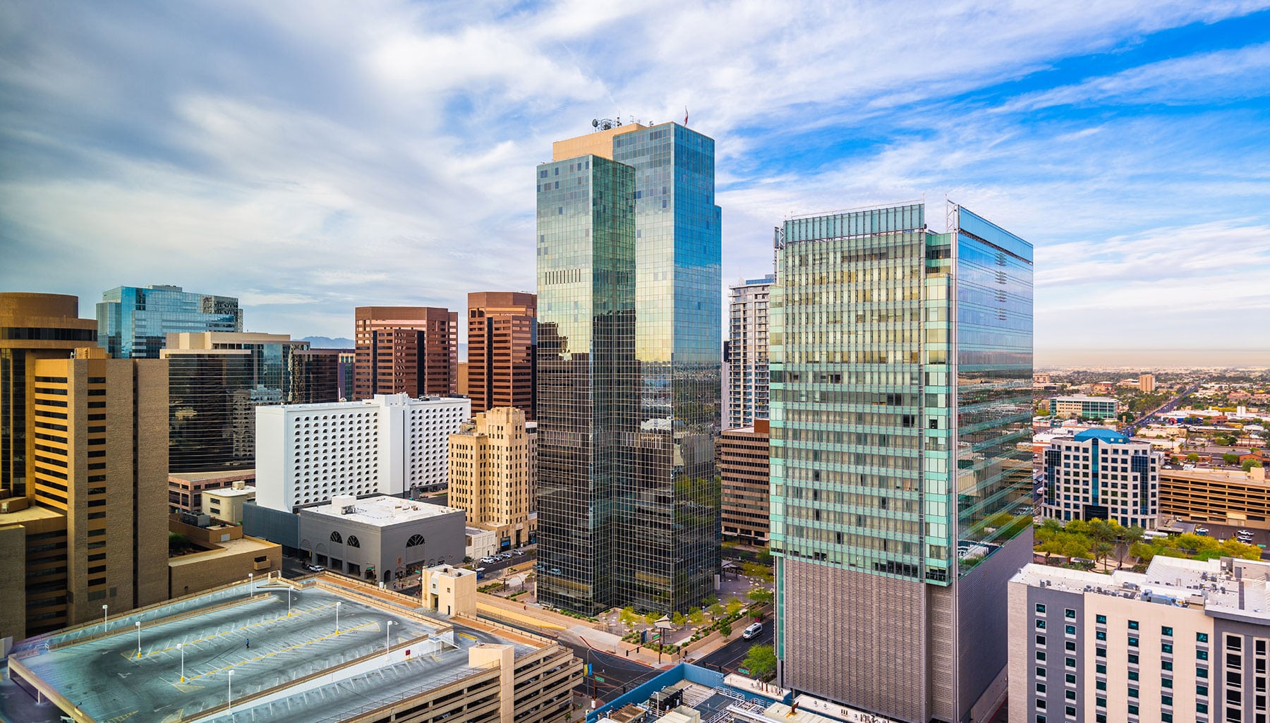 Downtown Phoenix, AZ, buildings and parking