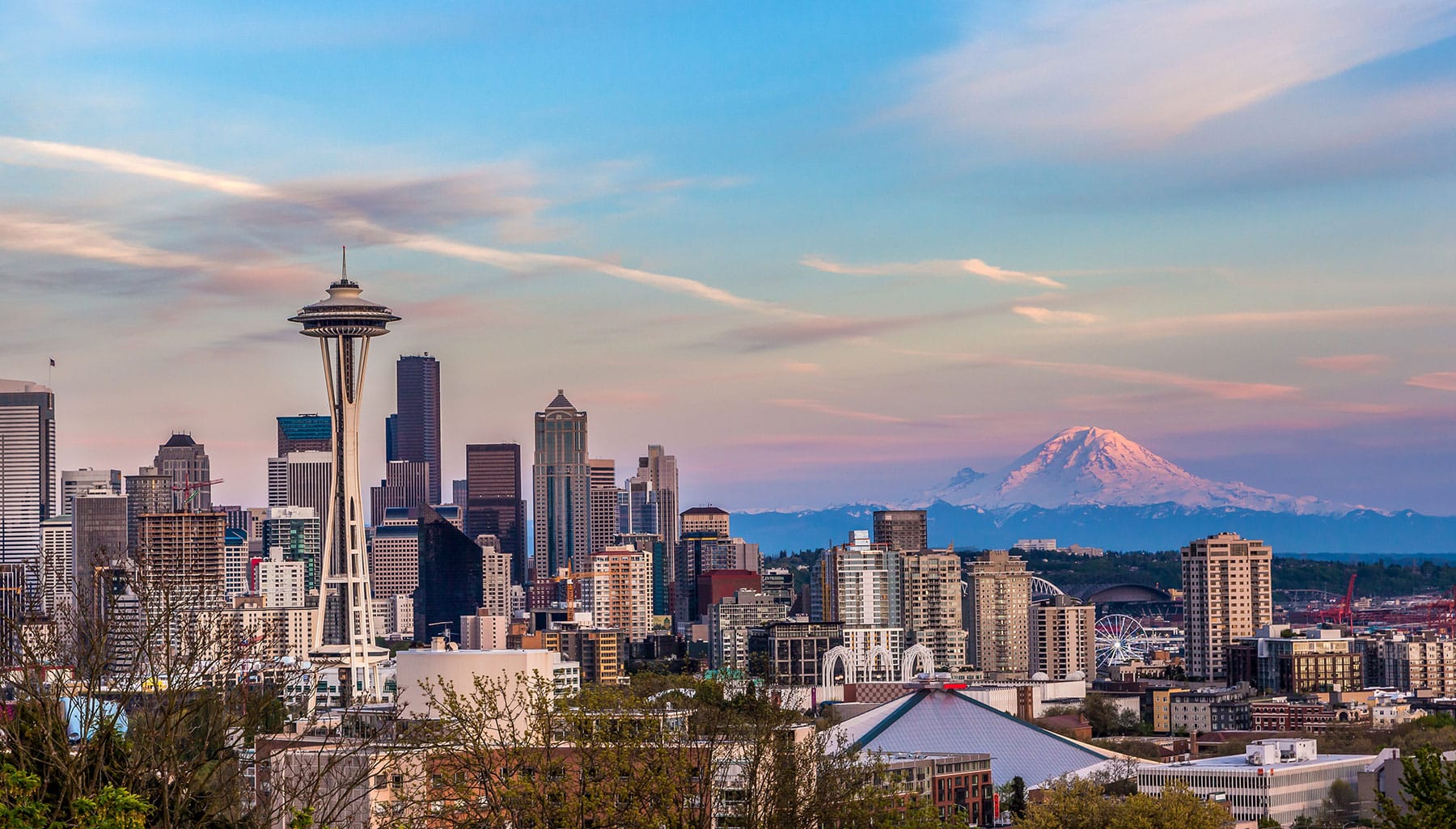 Seattle, WA, with Space Needle with Mount Rainier in the background